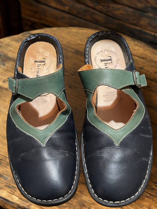 Think! Shoes - THINK! Women's Blue Green Leather Heart Cutout Mules Clogs EU 42 US 11 Wide VTG